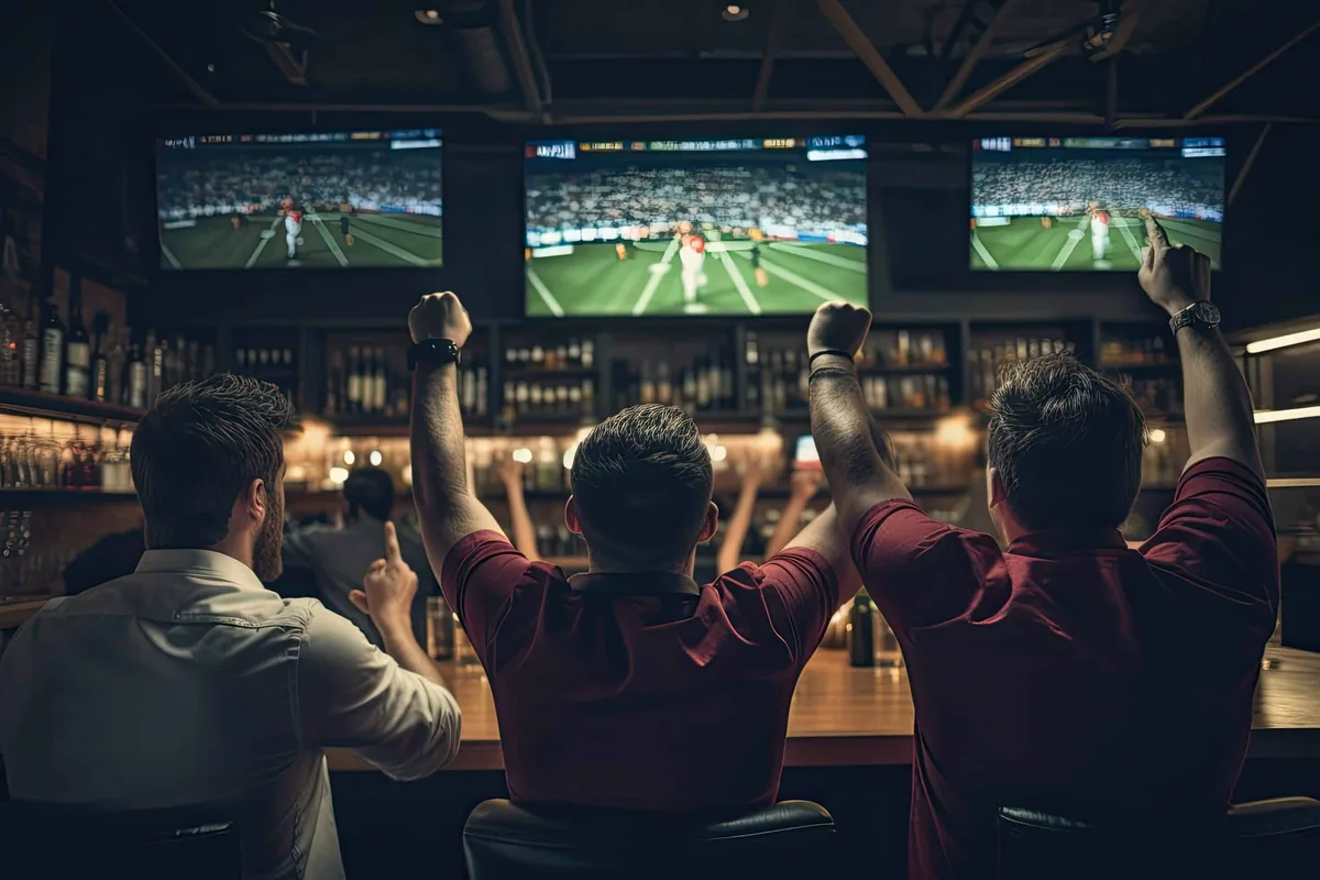 Sala de un sports bar con varias pantallas y mesas orientadas
